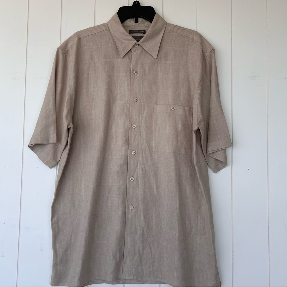 Bruno Men’s Linen Button Up Shirt Tan Short Sleeved Size Large